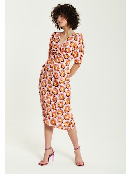 Liquorish Orange Floral Knot Front Midi Dress-Liquorish-6-Urbanheer