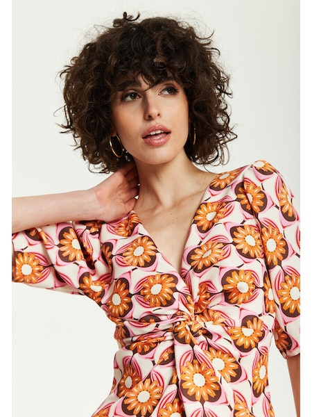 Liquorish Orange Floral Knot Front Midi Dress-Liquorish-6-Urbanheer