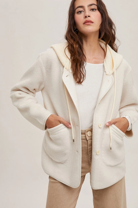 Fleece Hooded Button Down Jacket Inner Faux Suede