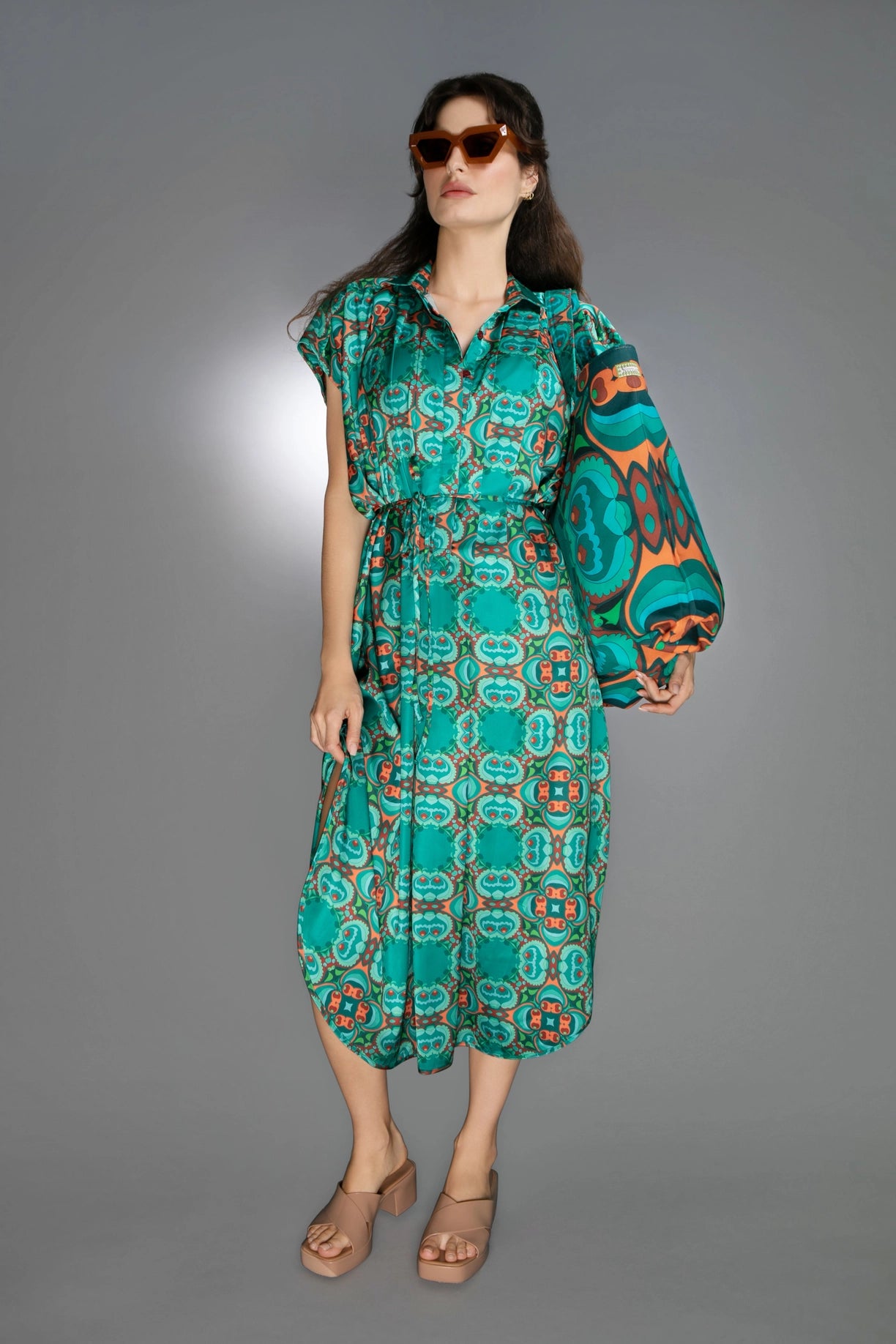 Teal/Orange Modern Relaxed Fit Satin Spread Collar Dress-Nuvula-XS-Urbanheer