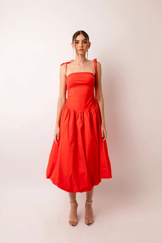 Alexa Stretch Strapless Puffball Midi Dress Orange-Dress-Amy Lynn-Urbanheer