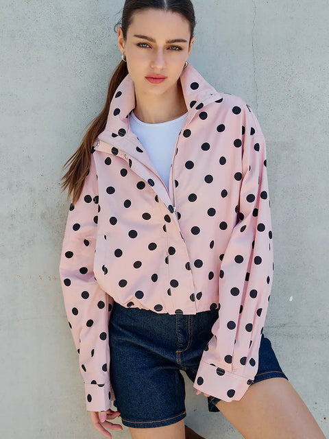 Polka Dot Stand Collar Zip Up Jacket