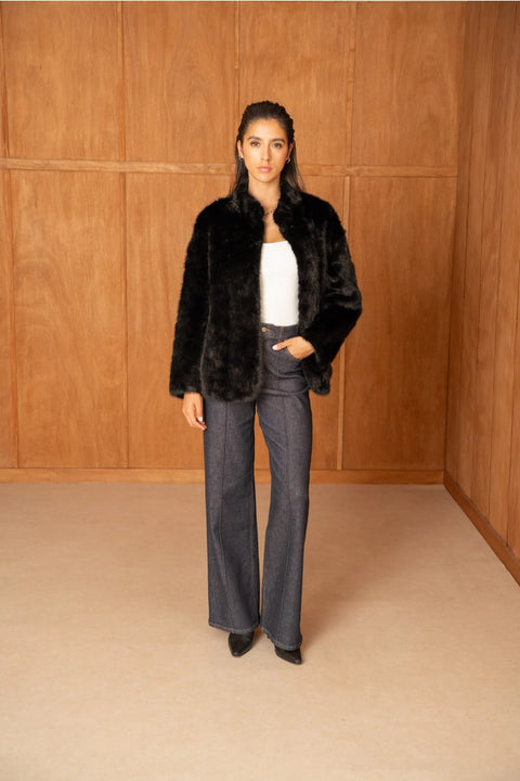 Mid-Length Belted Jacket with A High Faux-Fur Collar