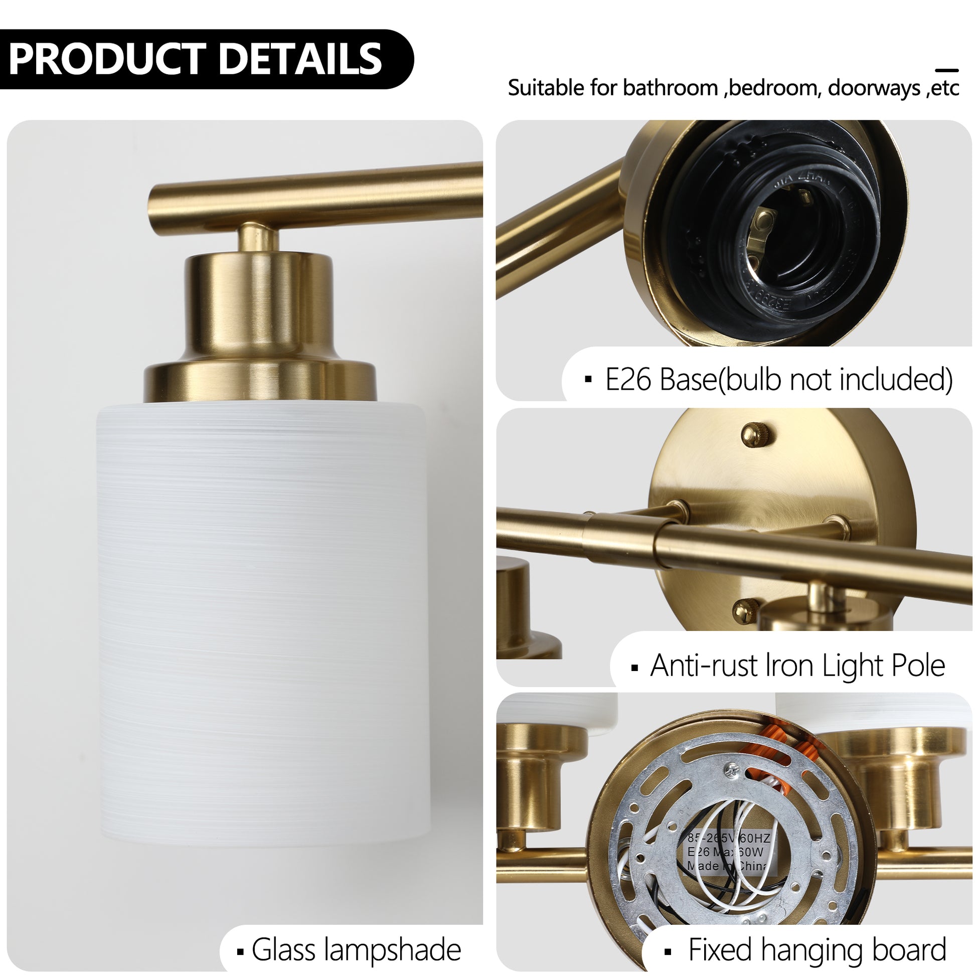 52' Modern 4-Light Vanity Wall Sconce, Golden Finish with Frosted Glass Shades for Bathroom or-UH Decor-Default-Urbanheer