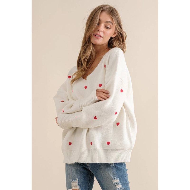 Plus Size Heart Pattern Boxy Knit Pullover Sweater White-SWEATER-Pink Irene Wholesale-1X/2X-Urbanheer