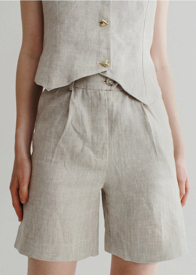 Set Of Beige Linen Shorts And Waistcoat-Sets-Nich Linen-XXS-Urbanheer