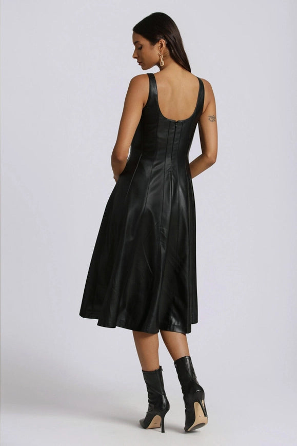 Faux-Ever Leather™ Fit-And-Flare Midi Dress-Dress-Avec Les Filles-Urbanheer