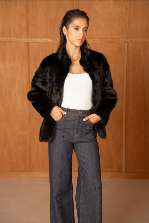 Mid-Length Belted Jacket with A High Faux-Fur Collar