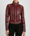 Pyramid Stud Mesh Genuine Leather Moto Jacket - Oxblood Red