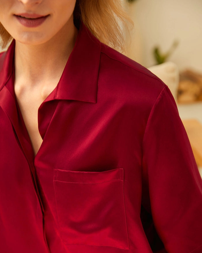 Short Sleeve Silk Pajamas Claret-Pajamas-MommeSilk-XS-Urbanheer