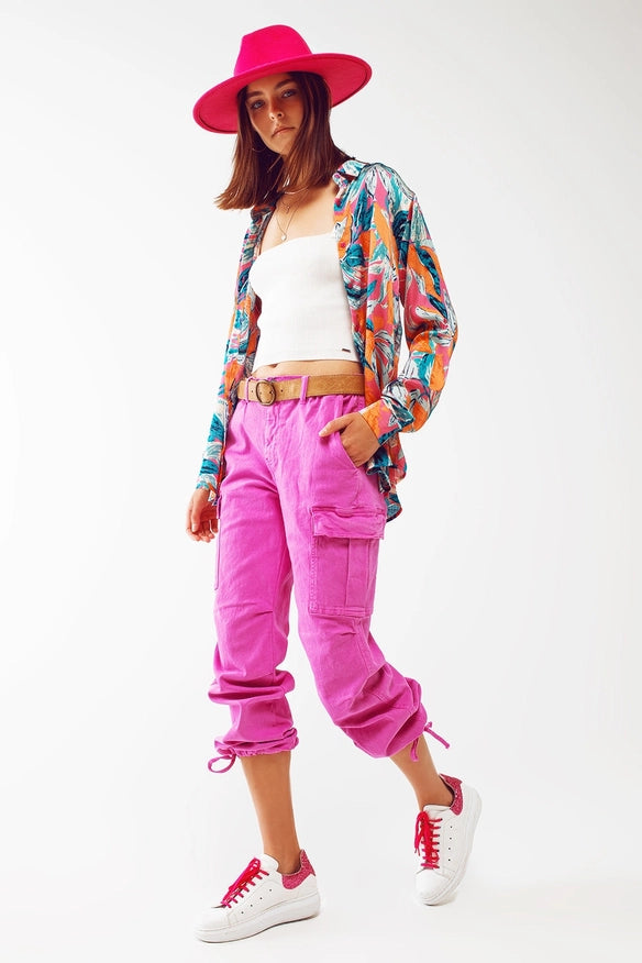 Satin Shirt in Floral Print in Orange-Top-Q2-S-Urbanheer