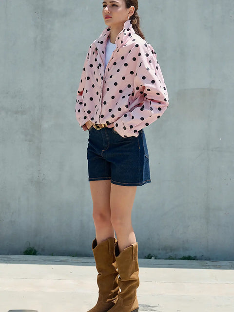 Polka Dot Stand Collar Zip Up Jacket