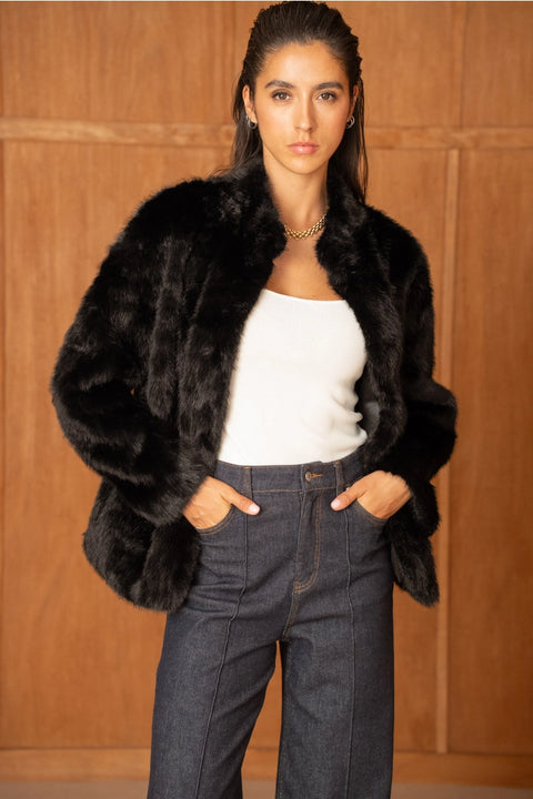 Mid-Length Belted Jacket with A High Faux-Fur Collar