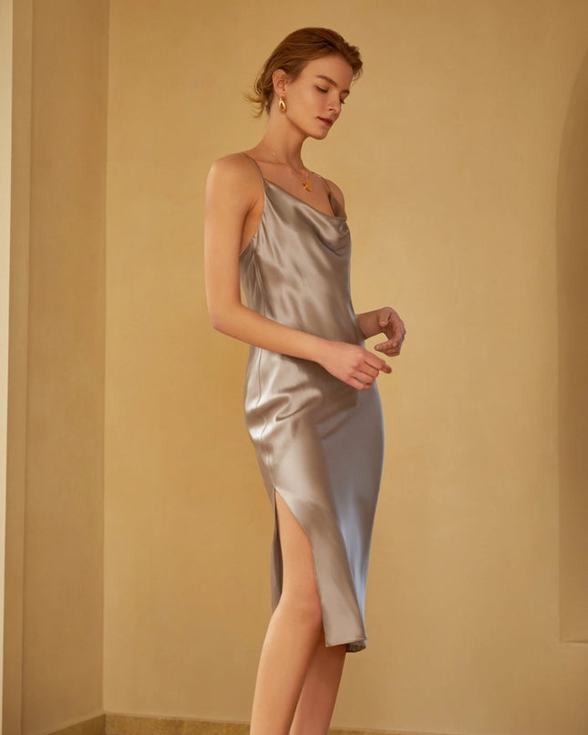 Luxurious Silk Nightgown Silver Gray-Night Gown-MommeSilk-Urbanheer