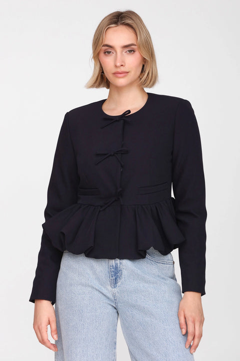 Bow-Front Stretch Suiting Peplum Jacket