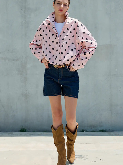 Polka Dot Stand Collar Zip Up Jacket