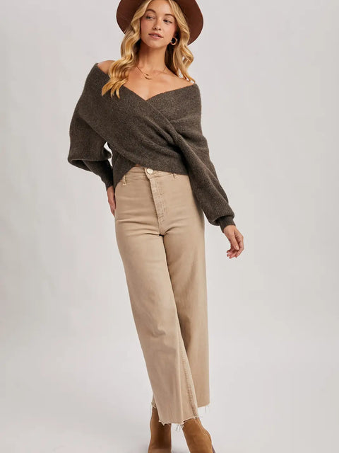Crossover Ribbed Pullover Sweater