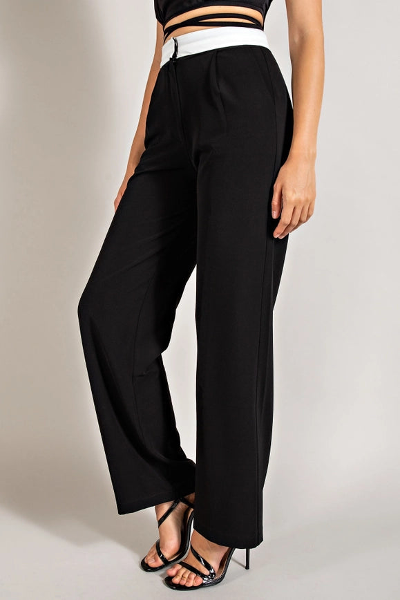 High Waisted Twill Trousers w/ Waist Contrast BLK/WHT-Trousers-EDIT by NINE-S-Urbanheer