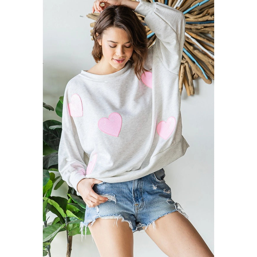 Sequined Heart Patch Sweatshirt-Sweatshirt-Peace Love Line-S-H GREY/PINK HEARTS-Urbanheer