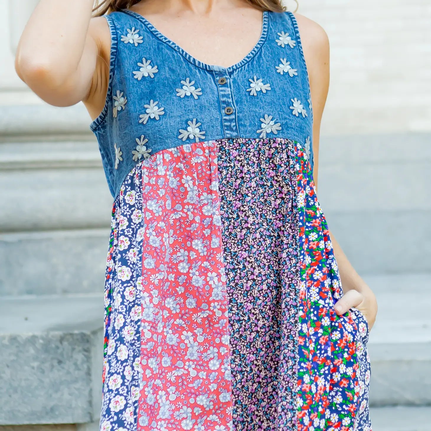 Babydoll Sleeveless Denim Body Embroidery Print Patch Bottom-Young Threads-S-Urbanheer