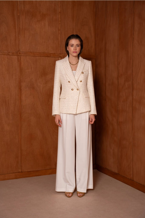 Fitted Double-Breasted Tweed Blazer with Subtle Threads