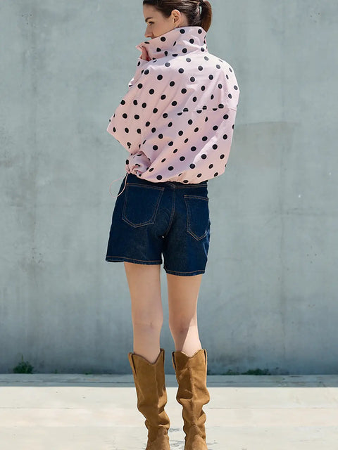 Polka Dot Stand Collar Zip Up Jacket