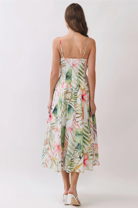 Tropical Botanical Print Pleated Detail Midi Dress