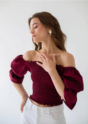 Burgundy Off The Shoulder Puffed Sleeve Linen Top For Woman-TOP-Nich Linen-XXS-Urbanheer