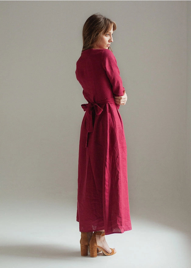 Burgundy Red Linen Dress Maxi With Front Buttons And Collar-Dress-Nich Linen-XXS-Urbanheer