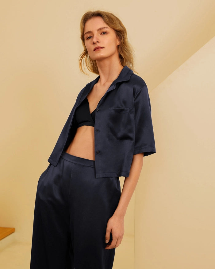 Short Sleeve Silk Pajamas Navy Blue-Pajamas-MommeSilk-XS-Urbanheer