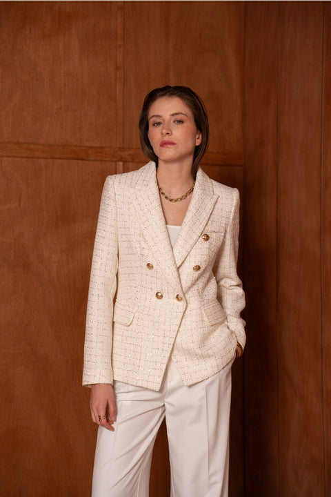 Fitted Double-Breasted Tweed Blazer with Subtle Threads