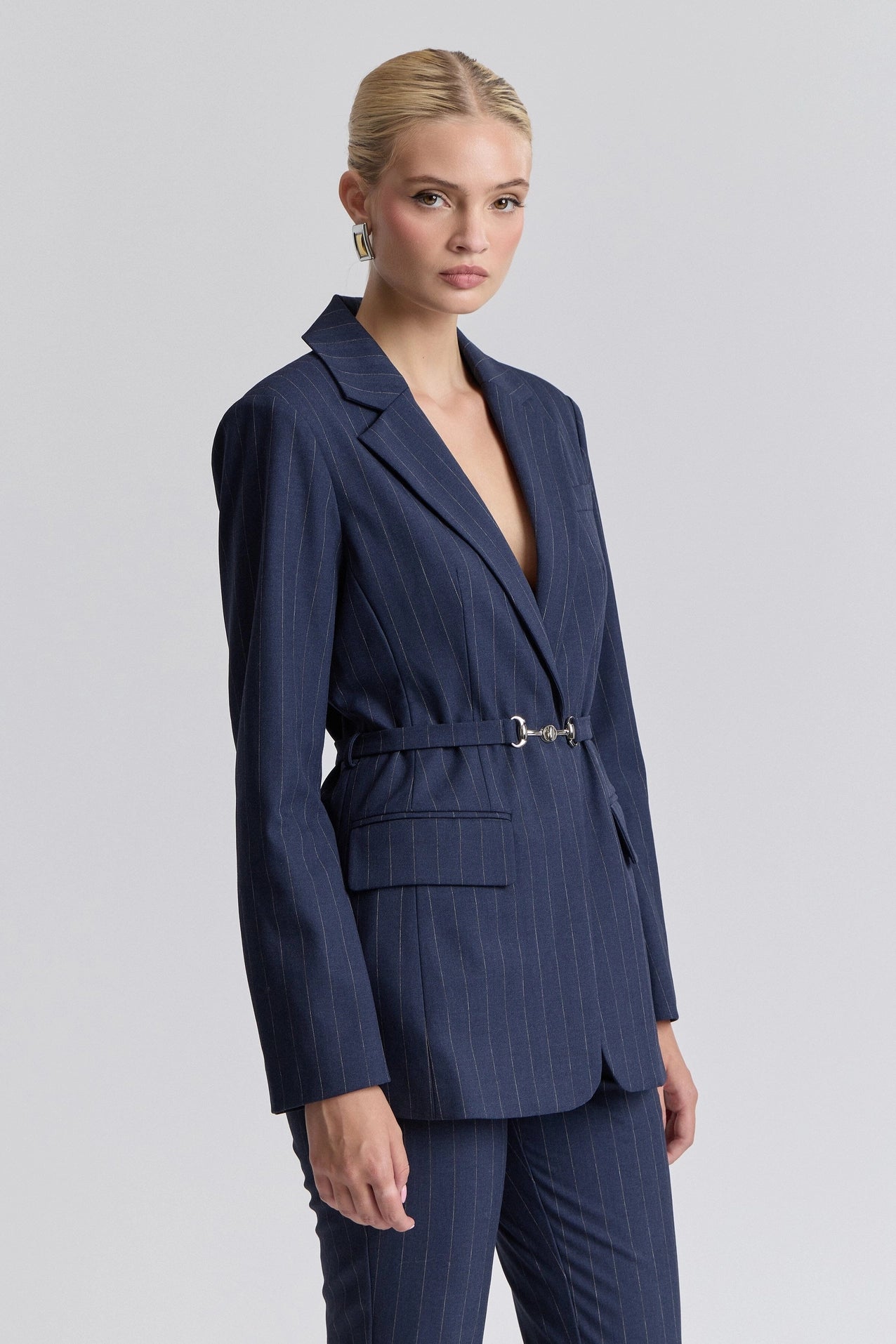 Pinstripe Belted Blazer