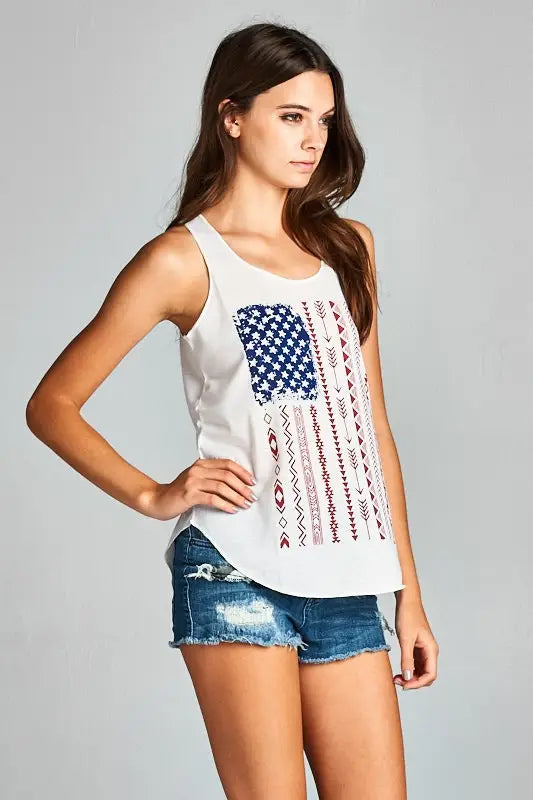 American Flag Print Graphic Tanktops (Memorial Day/ July 4Th)-Clothing - Women-LA Soul-Urbanheer