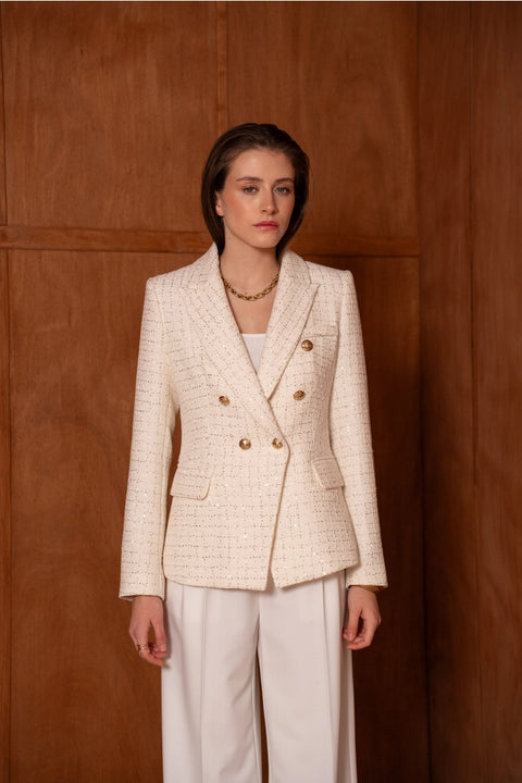 Fitted Double-Breasted Tweed Blazer with Subtle Threads