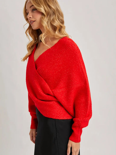Crossover Ribbed Pullover Sweater