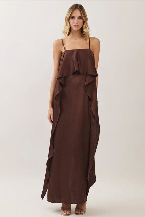 Satin Ruffle Overlay Maxi Dress