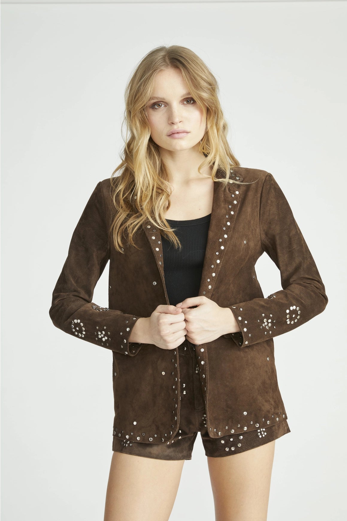 Chocolate Suede Studded Jacket-Clothing - Women-Driftwood-S-Urbanheer