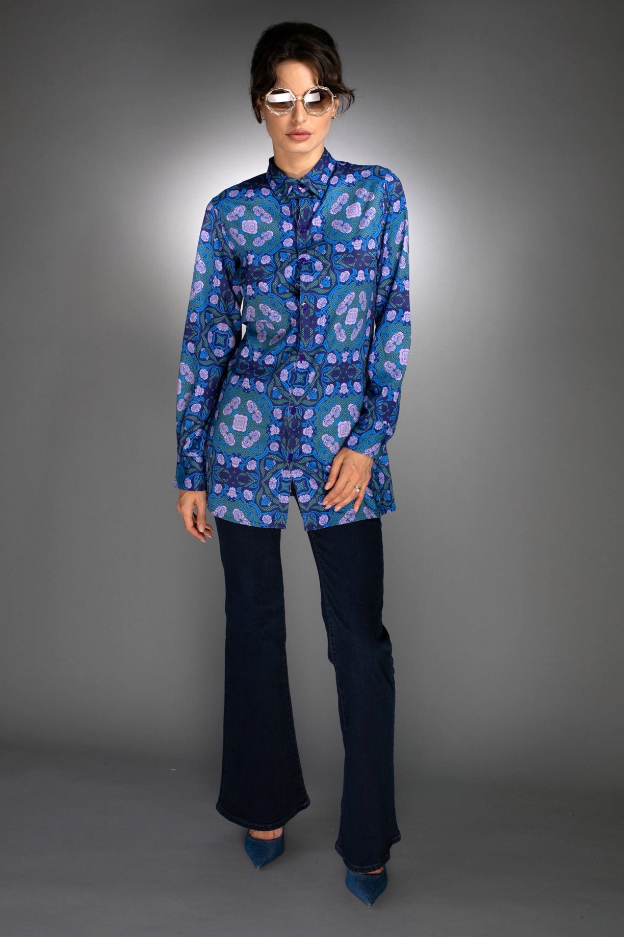 Floral Geometric Shape Long Shirt Roses Cobalt Blue / Lilac-Nuvula-XS-Urbanheer
