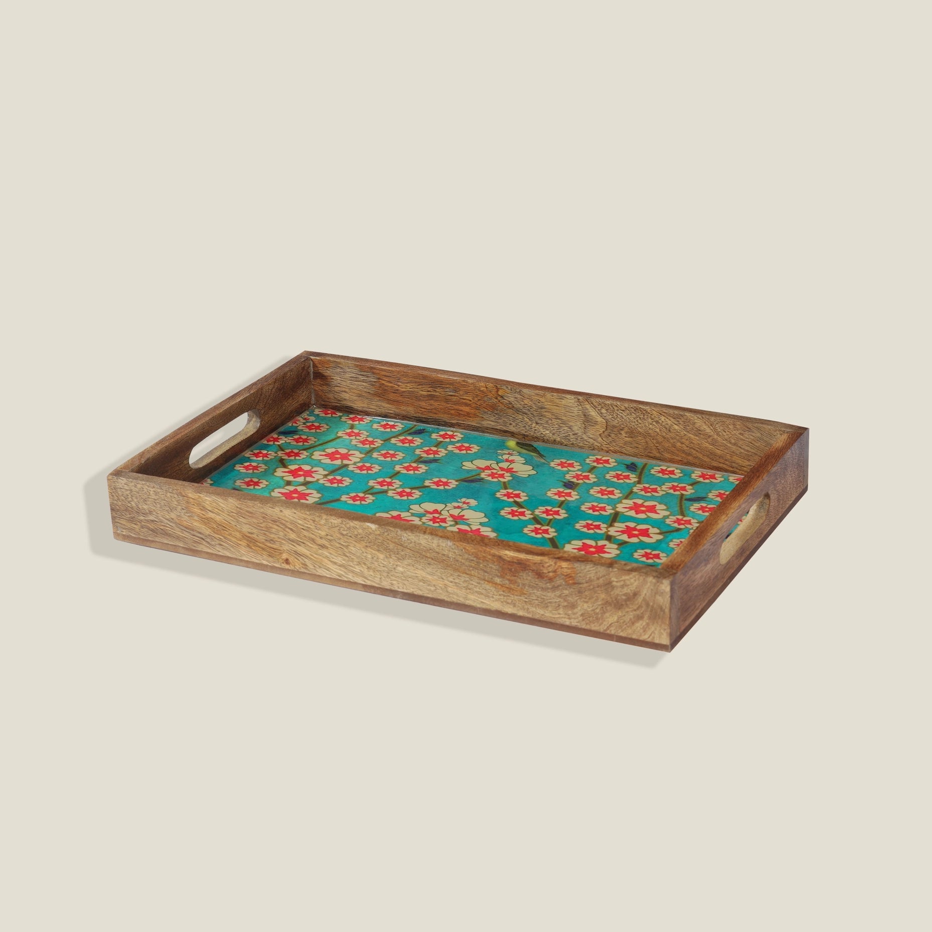 Blissful Blooms Resin And Wood Decorative Trays (Set Of 3)-Tiramisu-Urbanheer