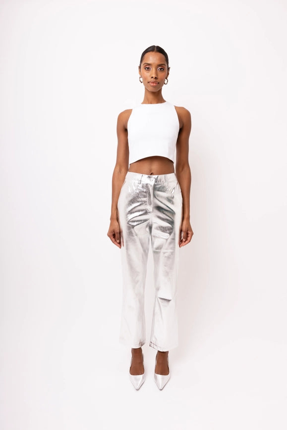 Lupe Straight Faux Leather Metallic Pants Silver-Pants-Amy Lynn-S-Urbanheer