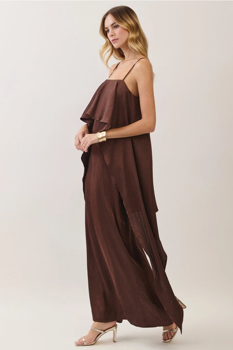 Satin Ruffle Overlay Maxi Dress