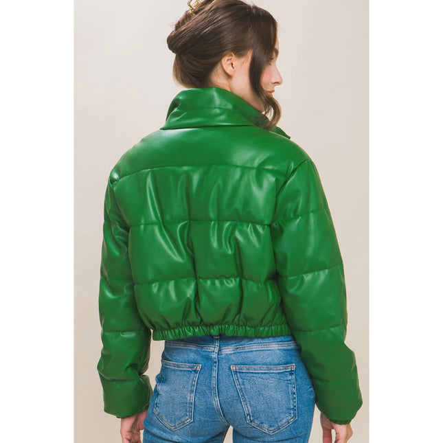 Faux Leather Puffer Jacket Kelly