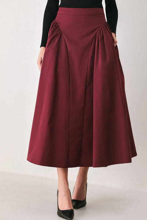A Solid Woven Midi Skirt - Burgundy