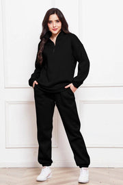 Half Zip Long Sleeve Sweatshirt and Pants Set Black-Sets-Blak Wardrob-S-Urbanheer