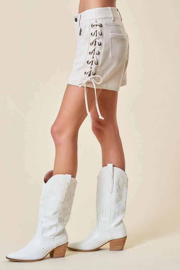 Cream Western Inspired Faux Suede Lace Up Shorts-Shorts-Saints & Hearts-Urbanheer