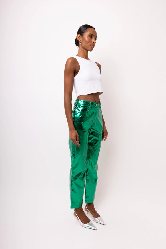 Lupe Straight Faux Leather Metallic Pants Forest Green-Pants-Amy Lynn-S-Urbanheer