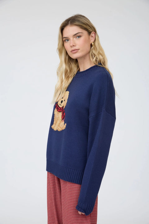 Intarsia Puppy Crew Neck Relaxed Sweater