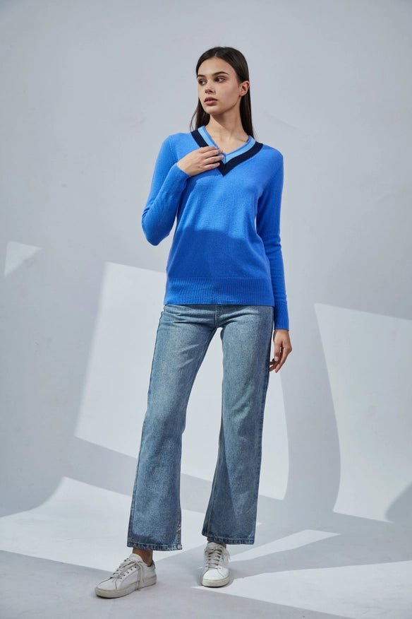 Contrasting V-Neck Cashmere Sweater-Sweater-Pissenlit-Azure-S-Urbanheer