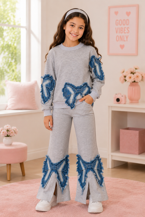 Flared Pants w/ Denim Bow Patch Detail