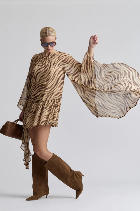 Waterfall Sleeve Zebra Print Crinkle Georgette Mini Dress